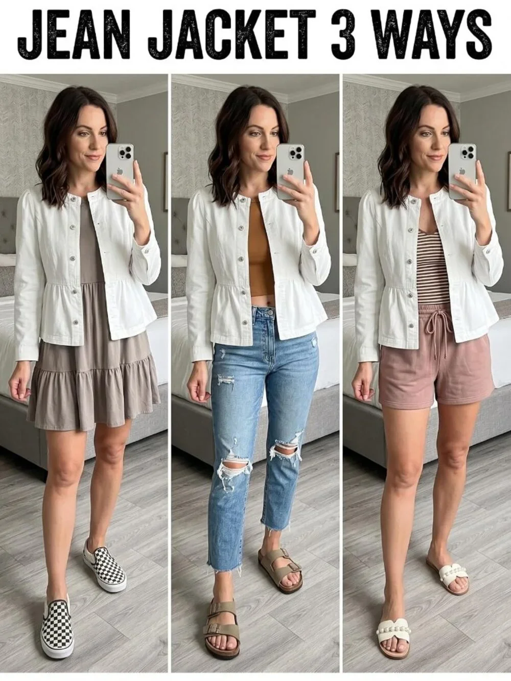 Women's White Button Down Long Sleeve Collarless Cinched Waist Denim Jackets